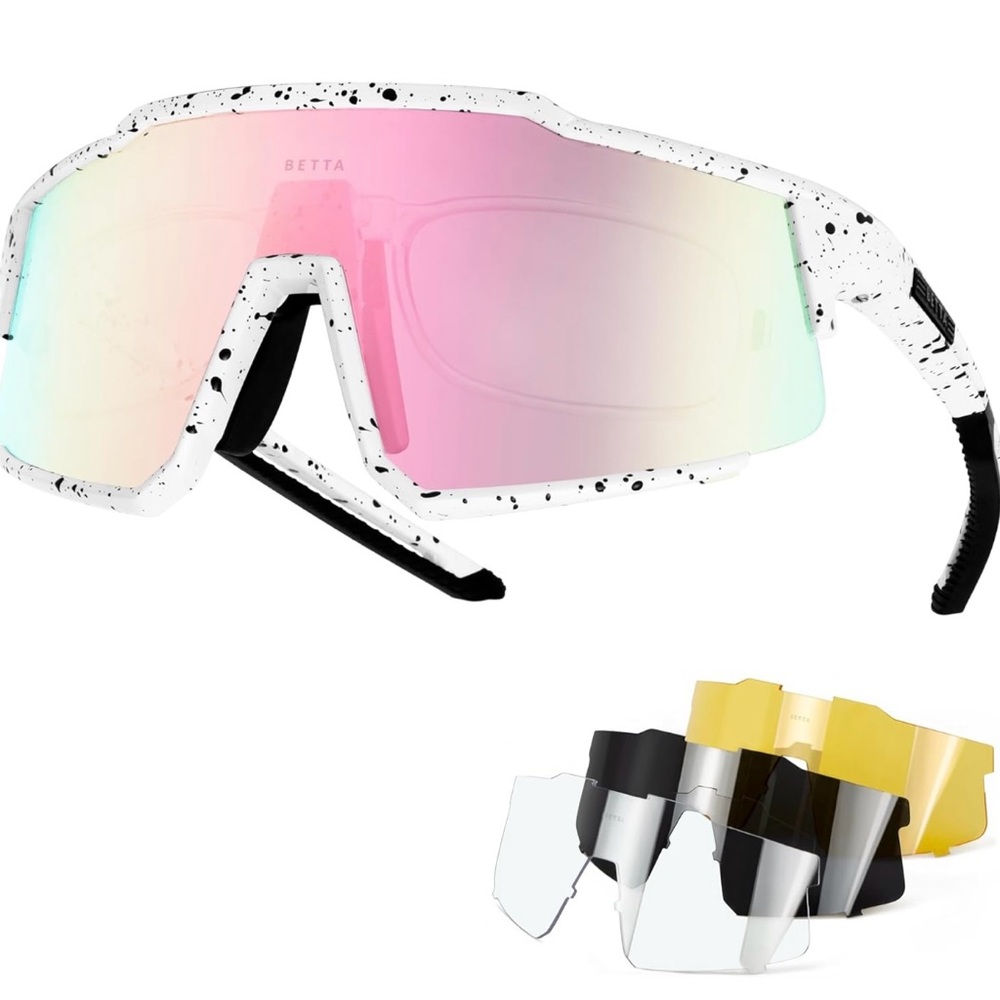 Betta Polarized Sports Sunglasses w/ 4 Lenses UV400 ~ Unisex ~ White Frame